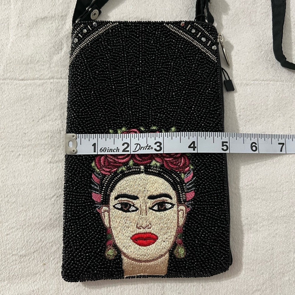 Frida Kahlo Purse Shoulder Crossbody Hand Beaded Bamboo Trading Club Bag 8"x5" - Picture 4 of 9